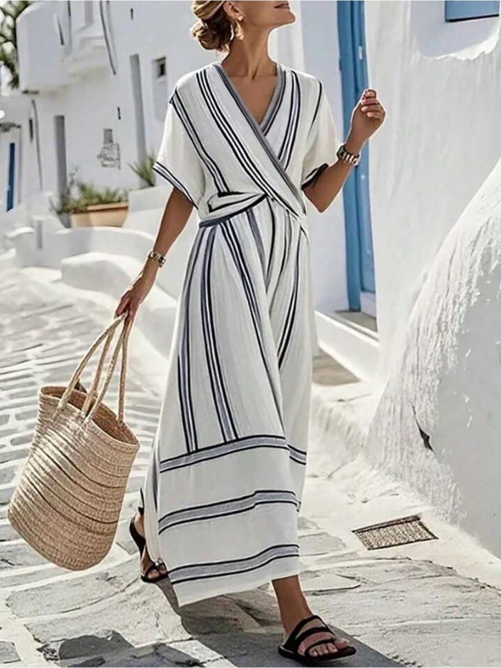Petite Women’s White and Navy Stripe Wrap Maxi Dress